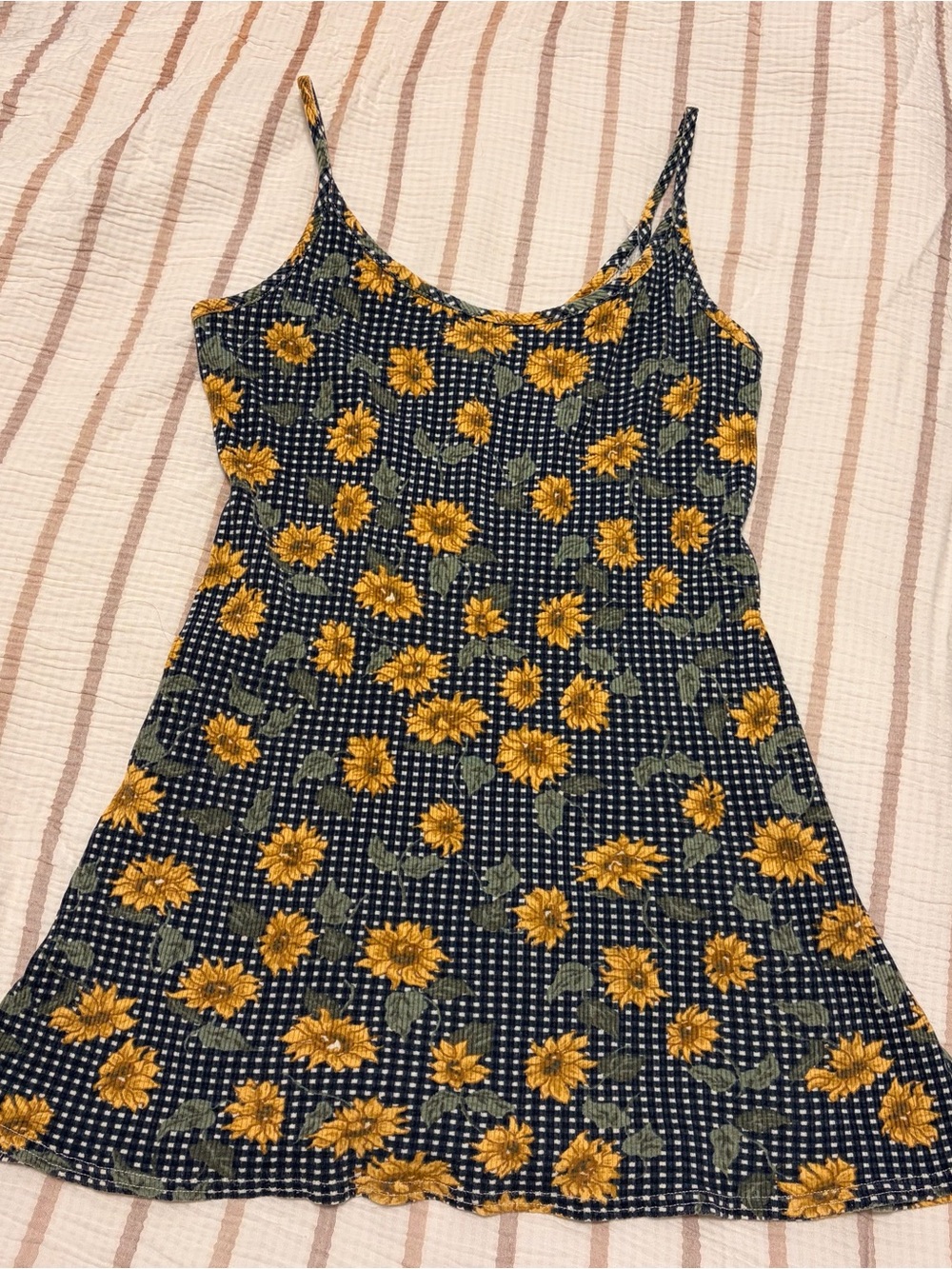 Sunflower-Print Navy Dress - Yellow Floral Spaghetti Strap